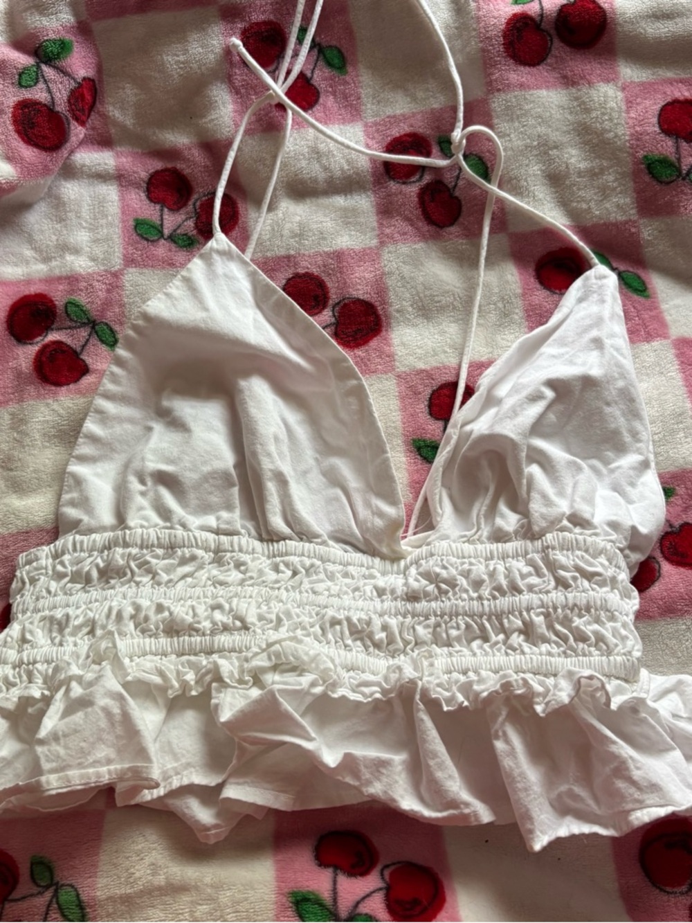 White Smocked Ruffle Halter Crop Top